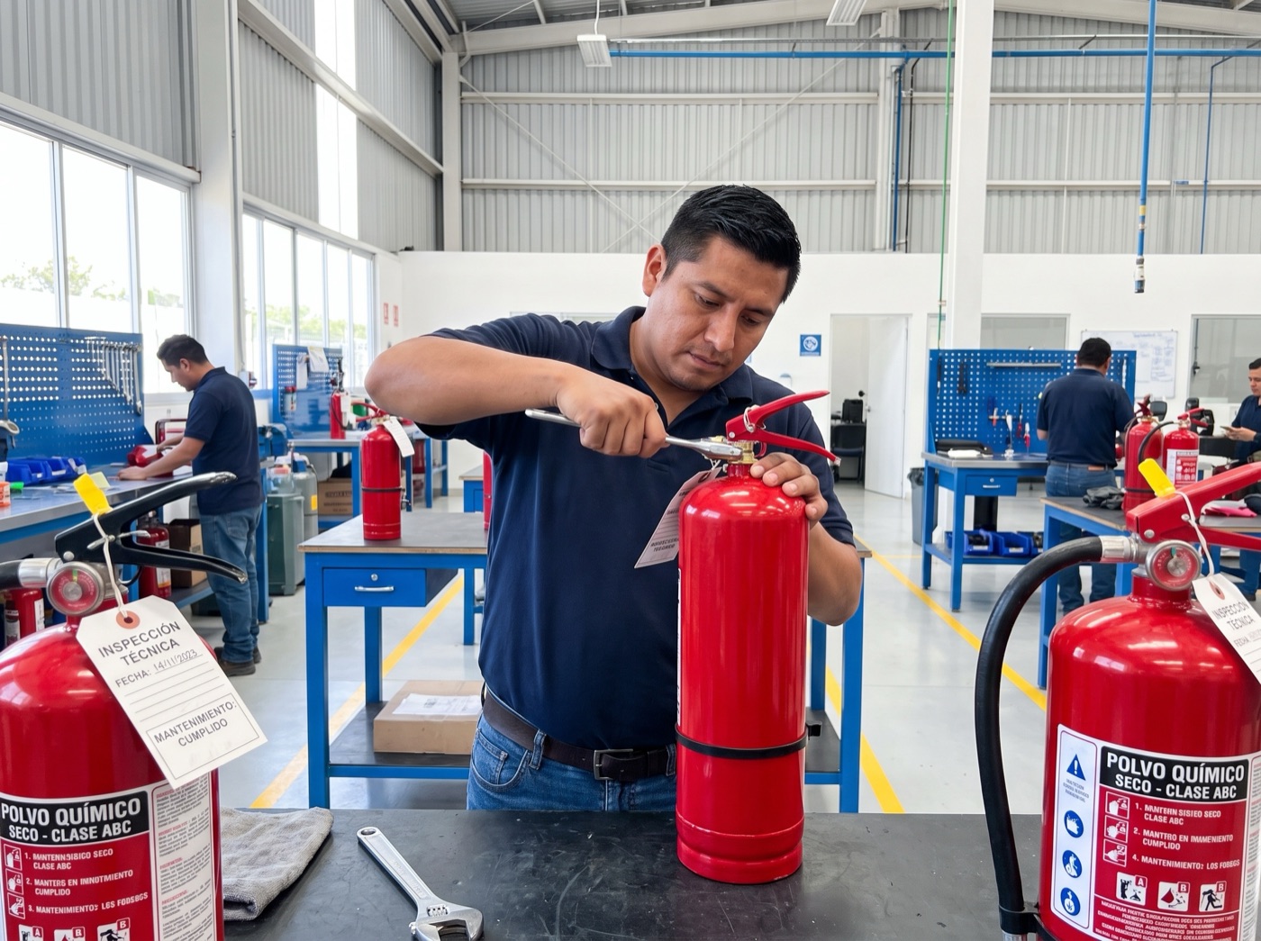 Técnico dando mantenimiento a un extintor
