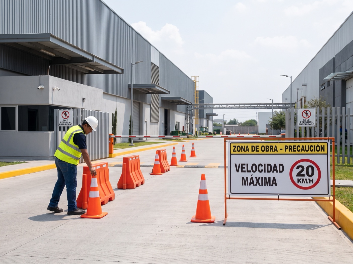 Conos y señalización vial en una planta industrial
