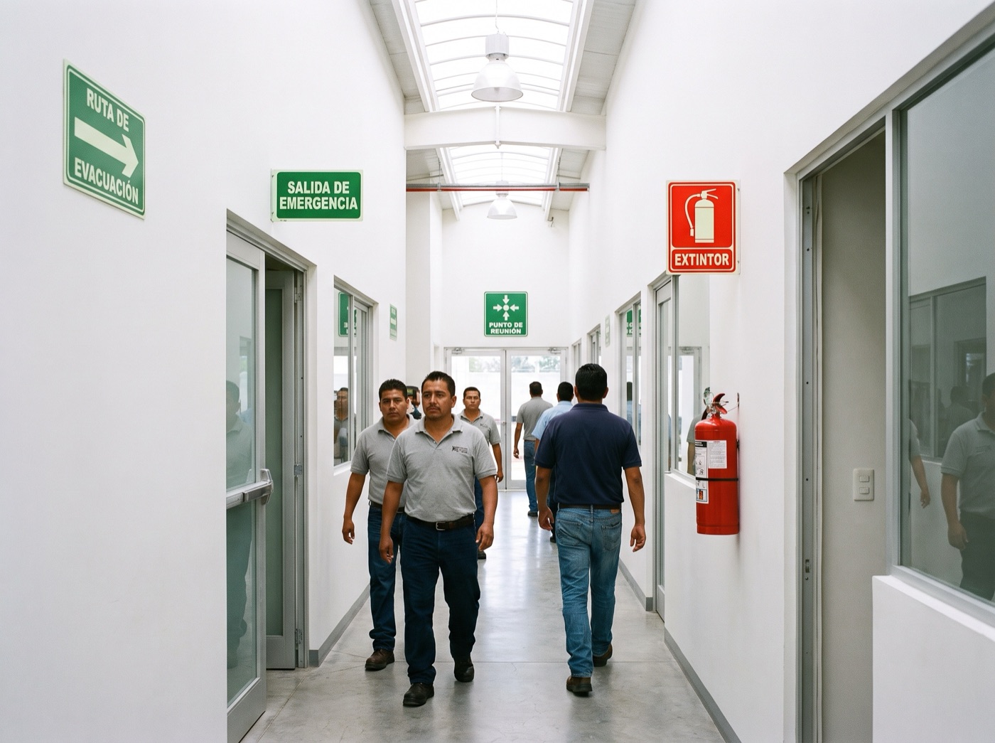 Señalización de emergencia instalada en una nave industrial